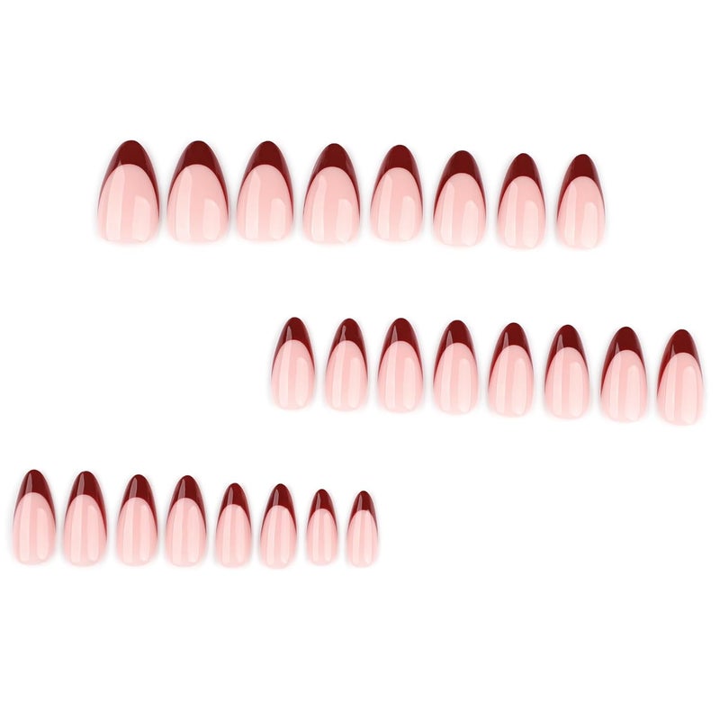 CTTHNBD Press on Nails Almond Medium - Wine Red French Tip Fake Nails - Glossy Full Cover Stick on Nails Press Ons - for Women Manicure 24 Pcs - Image 2
